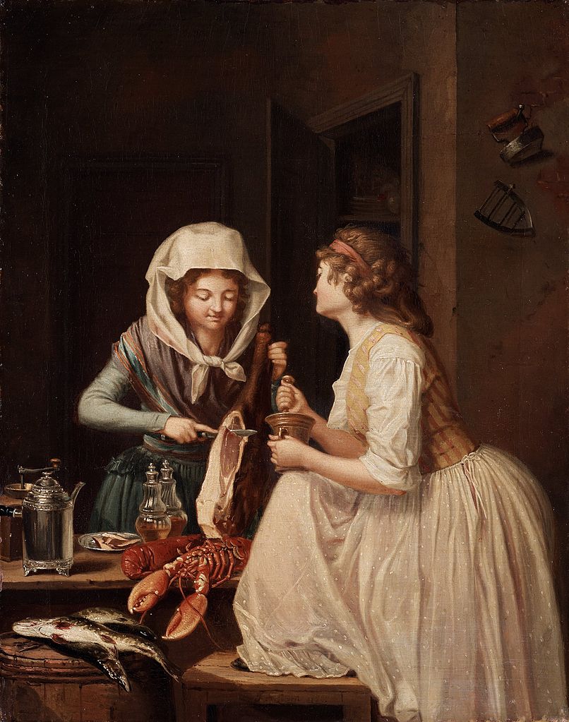 Two women, one cuts ham, the other grounds pepper, vintage artwork by Pehr Hilleström, 12x8" (A4) Poster