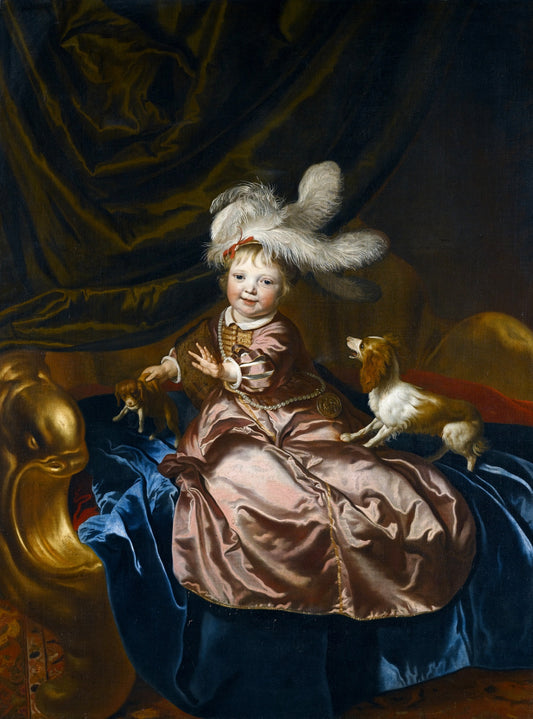 Portrait of a Boy in Pink Silk Playing with Two Puppies, vintage artwork by Jacob Van Loo, 12x8" (A4) Poster