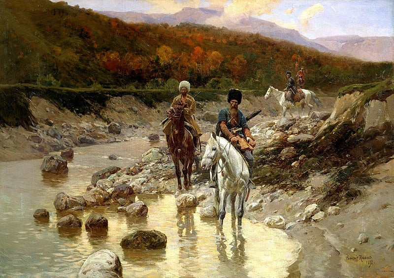 Cossacks at the Mountain Stream, vintage artwork by Franc Alekseevich Rubo, 12x8" (A4) Poster
