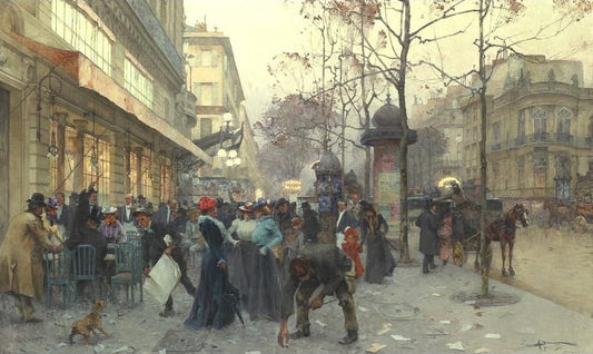 A Bustling Street Scene, Paris, vintage artwork by Henri Gaston Darien, 12x8" (A4) Poster