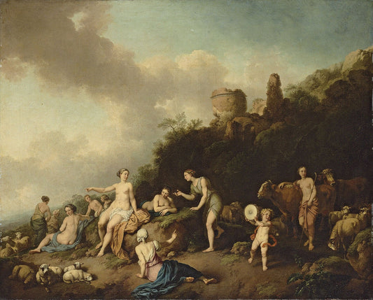 A Pastoral Landscape with Diana and her Nymphs, vintage artwork by Christian Wilhelm Ernst Dietrich, 12x8" (A4) Poster