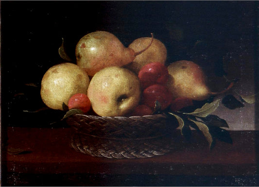 Still-Life of Pears, Plums and Apples in a Basket, vintage artwork by Pedro de Camprobin, 12x8" (A4) Poster