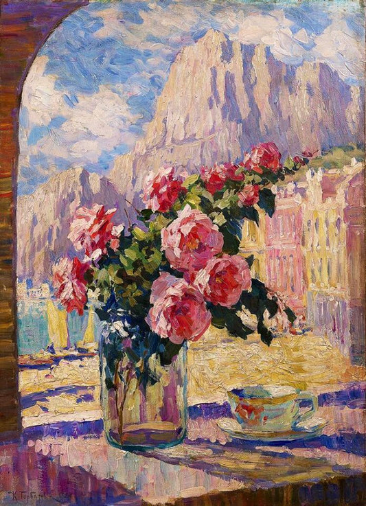 Bouquet of Flowers on the Window, vintage artwork by Konstantin Gorbatov, 12x8" (A4) Poster