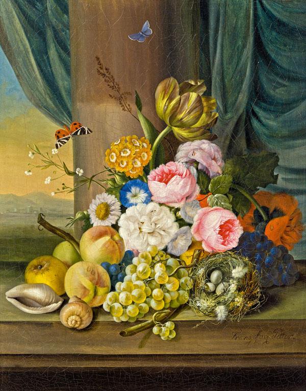 Flowers and fruit with a bird's nest, vintage artwork by Franz Xavier Petter, A3 (16x12") Poster Print