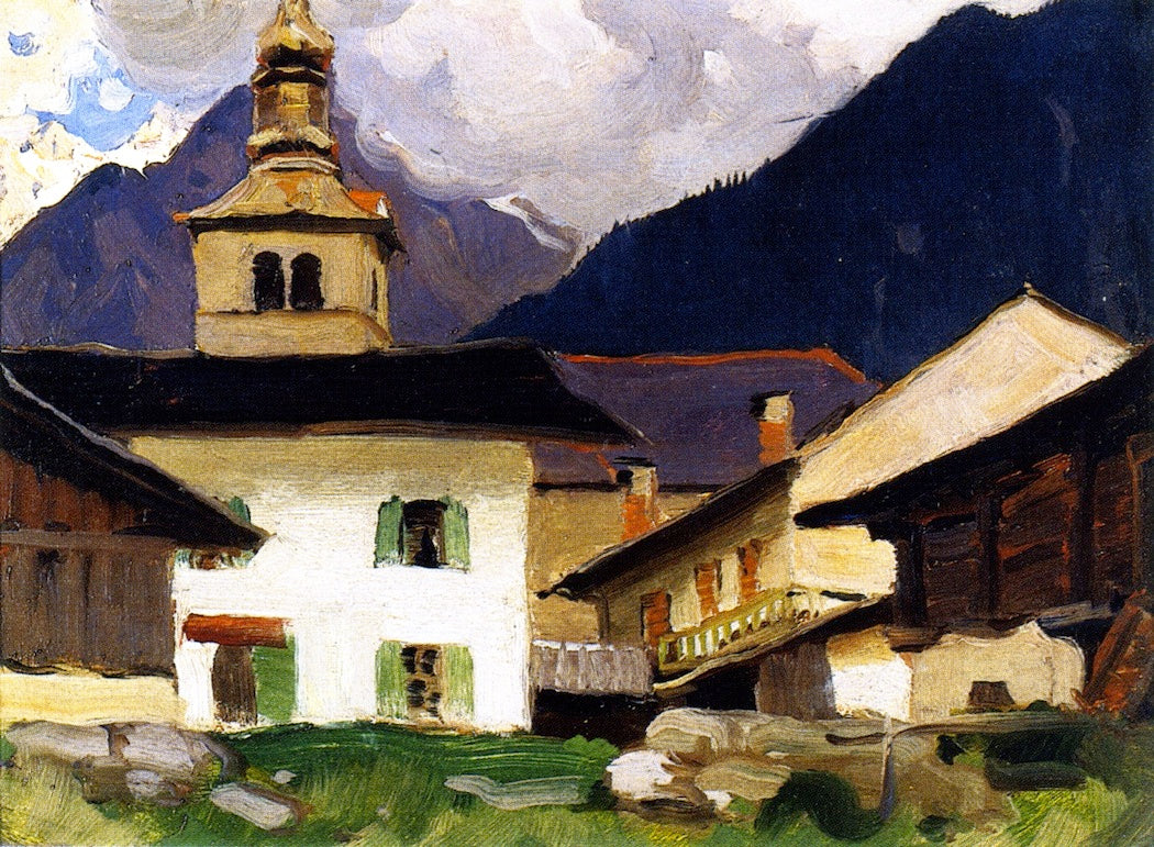 Church of Les Houches, Haute-Savoie, France, vintage artwork by Clarence Gagnon, 12x8" (A4) Poster