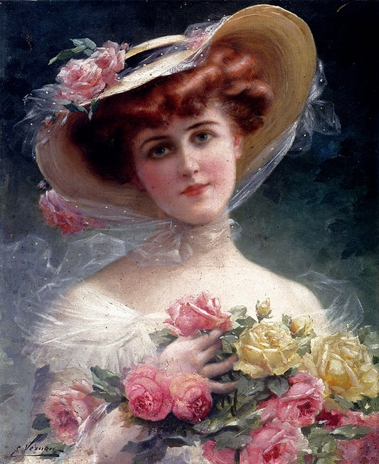 Beauty with Flowers, vintage artwork by Emile Vernon, 12x8" (A4) Poster