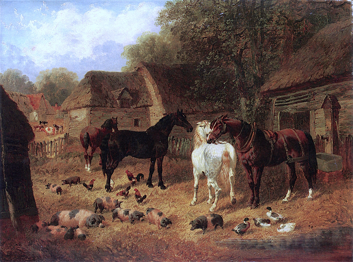 Horses, Pigs and Ducks outside a Stable, vintage artwork by John Frederick Herring, Jr., A3 (16x12") Poster Print