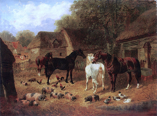 Horses, Pigs and Ducks outside a Stable, vintage artwork by John Frederick Herring, Jr., A3 (16x12") Poster Print