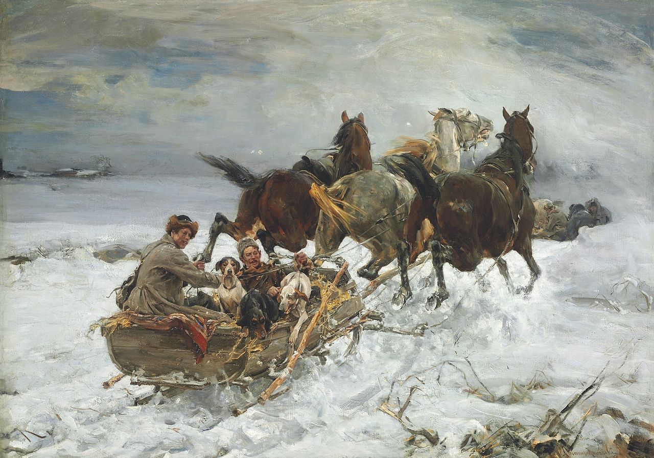 Horse-drawn Sleigh, vintage artwork by Alfred von Wierusz-Kowalski, 12x8" (A4) Poster