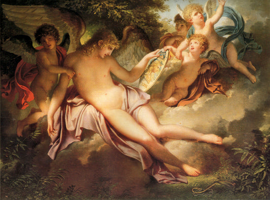Adolescent Cupid Weeping over the Portrait of Psyche whom he Has Lost (study), vintage artwork by Charles Meynier, 12x8" (A4) Poster