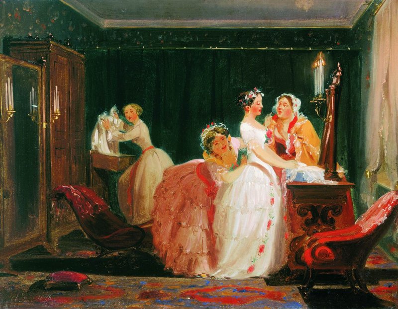 Dressing the Bride, vintage artwork by Fedor Bronnikov, 12x8" (A4) Poster