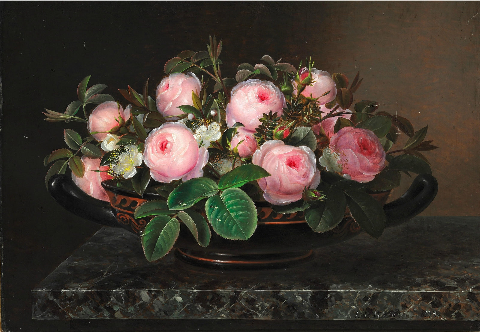 Pink roses in a Greek bowl, vintage artwork by Johan Laurentz (J.L.) Jensen, A3 (16x12") Poster Print