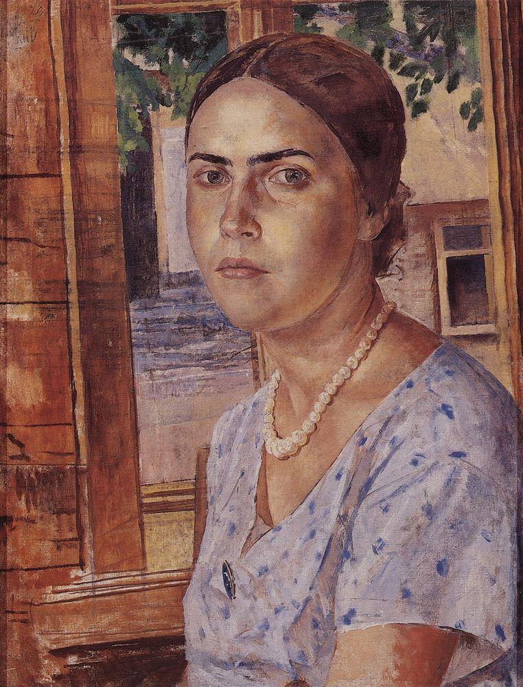 Girl at the Window, vintage artwork by Kuzma Petrov-Vodkin, 12x8" (A4) Poster