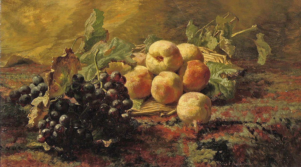 Blue grapes and peaches in a wicker basket, vintage artwork by Geraldine Jacoba van de Sande Bakhuyzen, 12x8" (A4) Poster