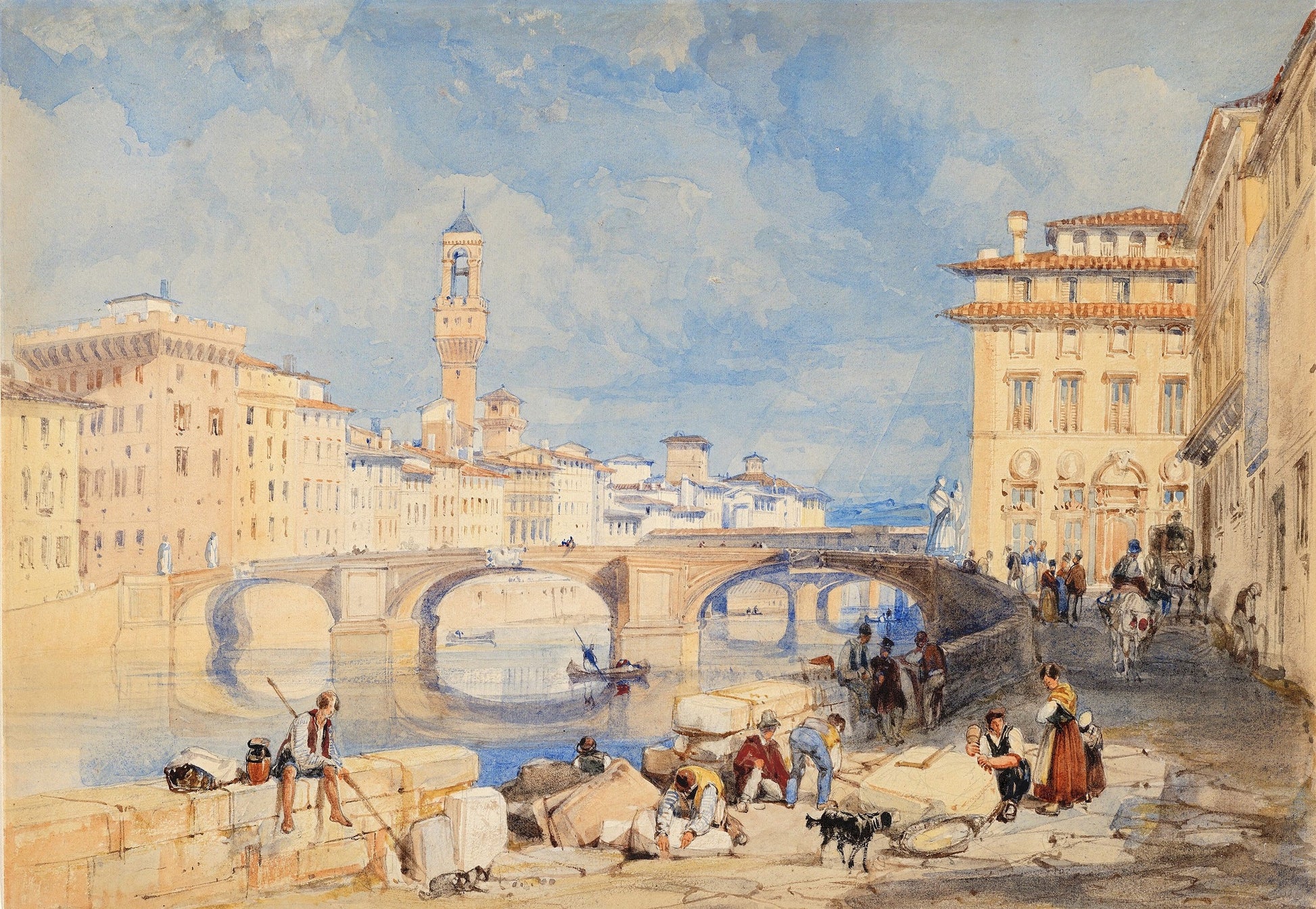 Ponte Santa Trinità, Florence, vintage artwork by James Duffield Harding, A3 (16x12") Poster Print