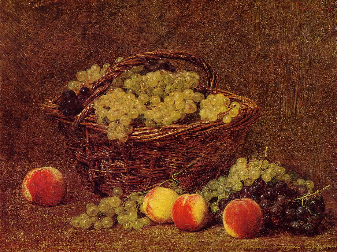 Basket of White Grapes and Peaches, vintage artwork by Henri Fantin-Latour, 12x8" (A4) Poster
