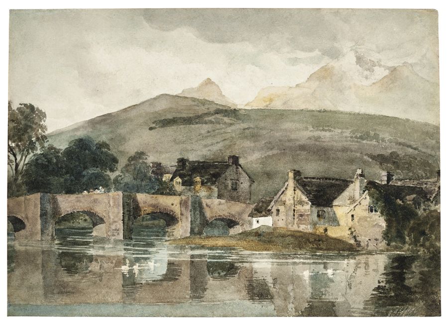 A Riverside Village, with Mountains Beyond, vintage artwork by Peter de Wint, 12x8" (A4) Poster