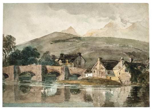 A Riverside Village, with Mountains Beyond, vintage artwork by Peter de Wint, 12x8" (A4) Poster