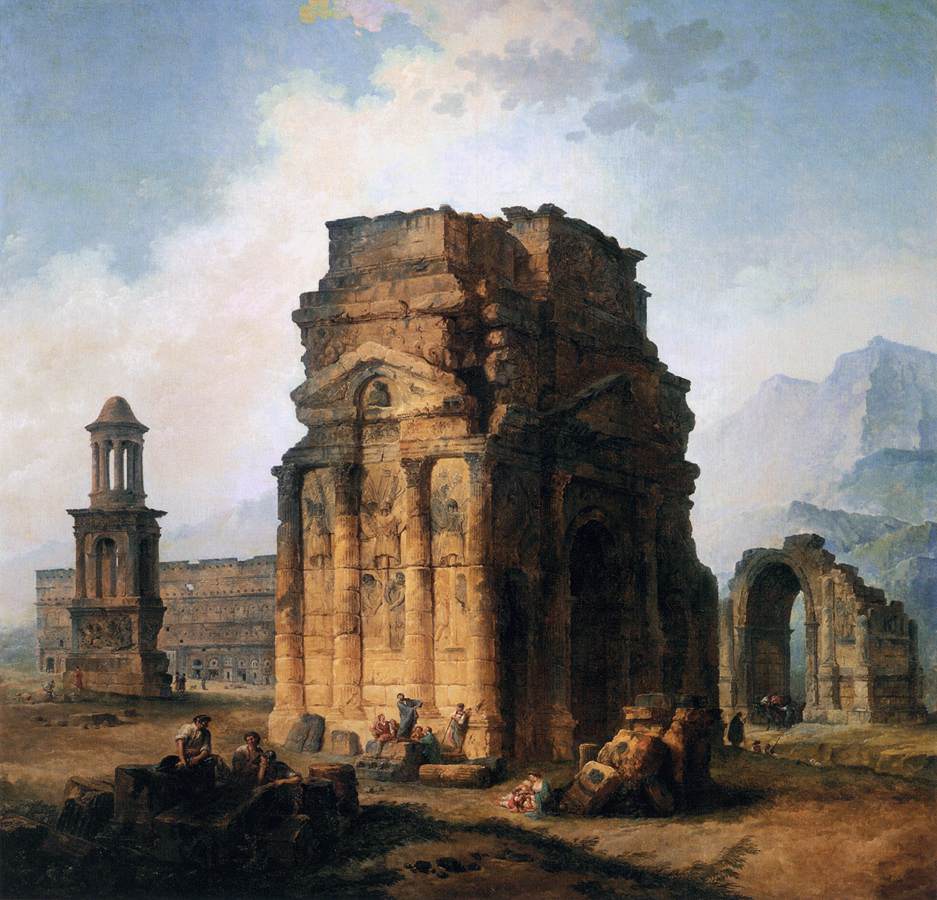 The Arc de Triomphe and the Theatre of Orange, vintage artwork by Hubert Robert, 12x8" (A4) Poster