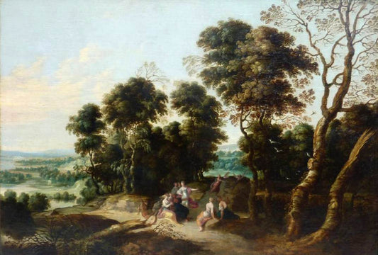 Landscape with the Contest between the Muses and the Pierides, vintage artwork by Lucas van Uden, 12x8" (A4) Poster