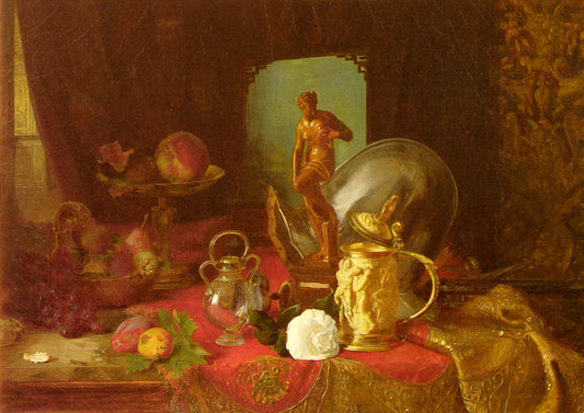A Still Life with Fruit, Objets d'Art and a White Rose on a Table, vintage artwork by Blaise Alexandre Desgoffe, 12x8" (A4) Poster
