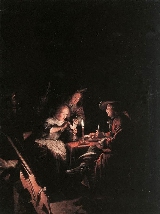 Card Players at Candelight, vintage artwork by Gerrit Dou, 12x8" (A4) Poster