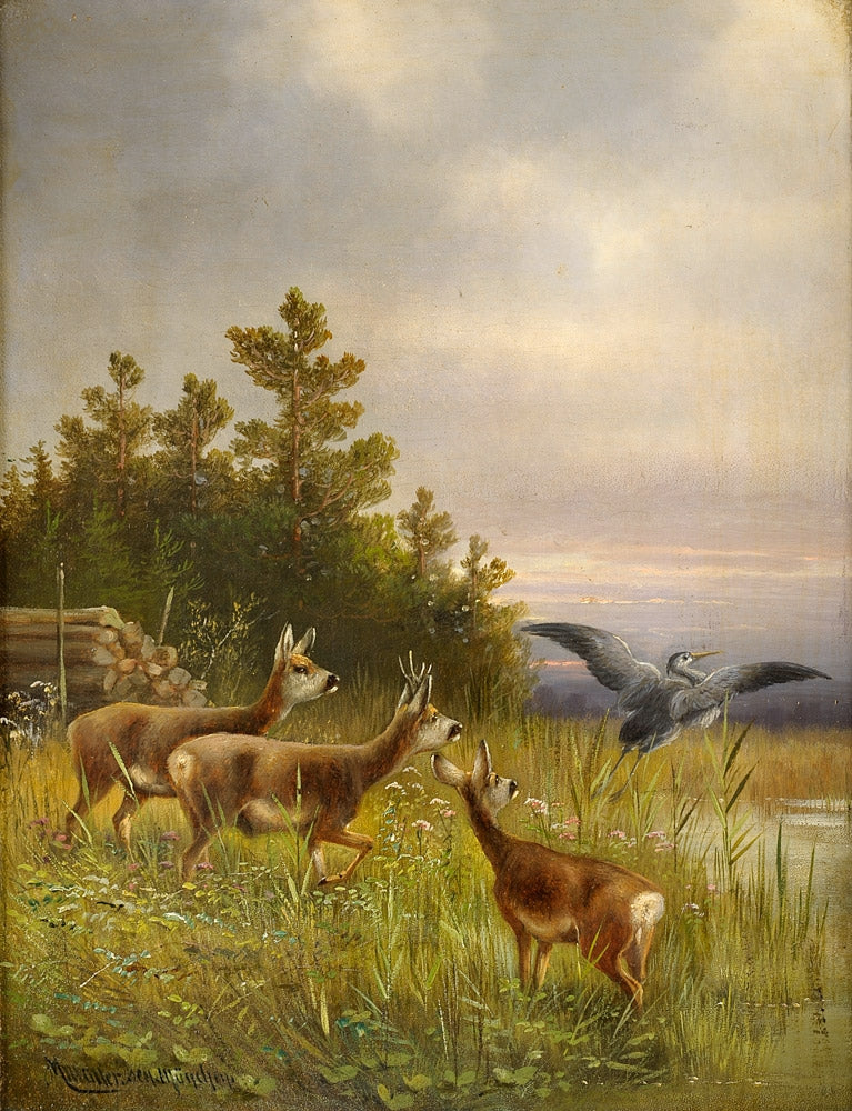 Deer and Herron, vintage artwork by Moritz Muller, 12x8" (A4) Poster