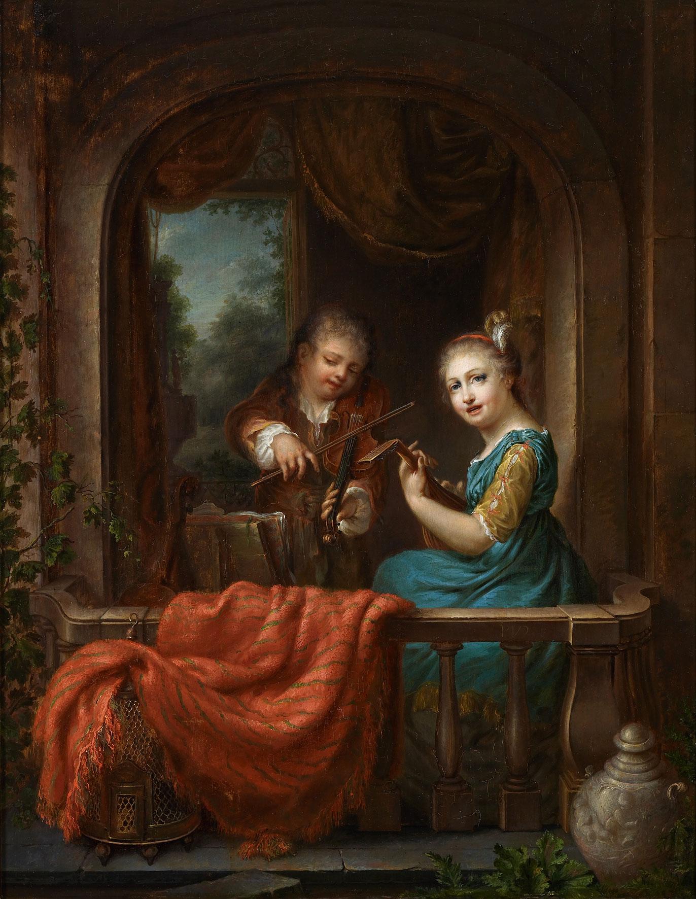 An elegant couple making music on a balcony, vintage artwork by Philip van Dijk, 12x8" (A4) Poster
