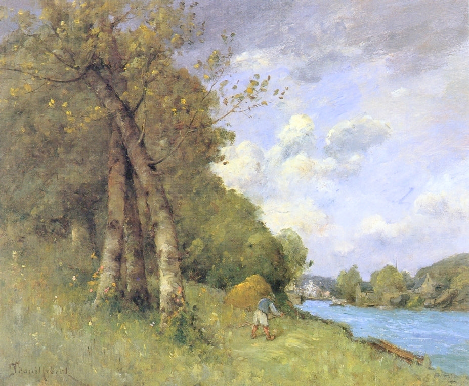 Haymaking in Brittany on the Banks of the River, vintage artwork by Paul-Desire Trouillebert, 12x8" (A4) Poster