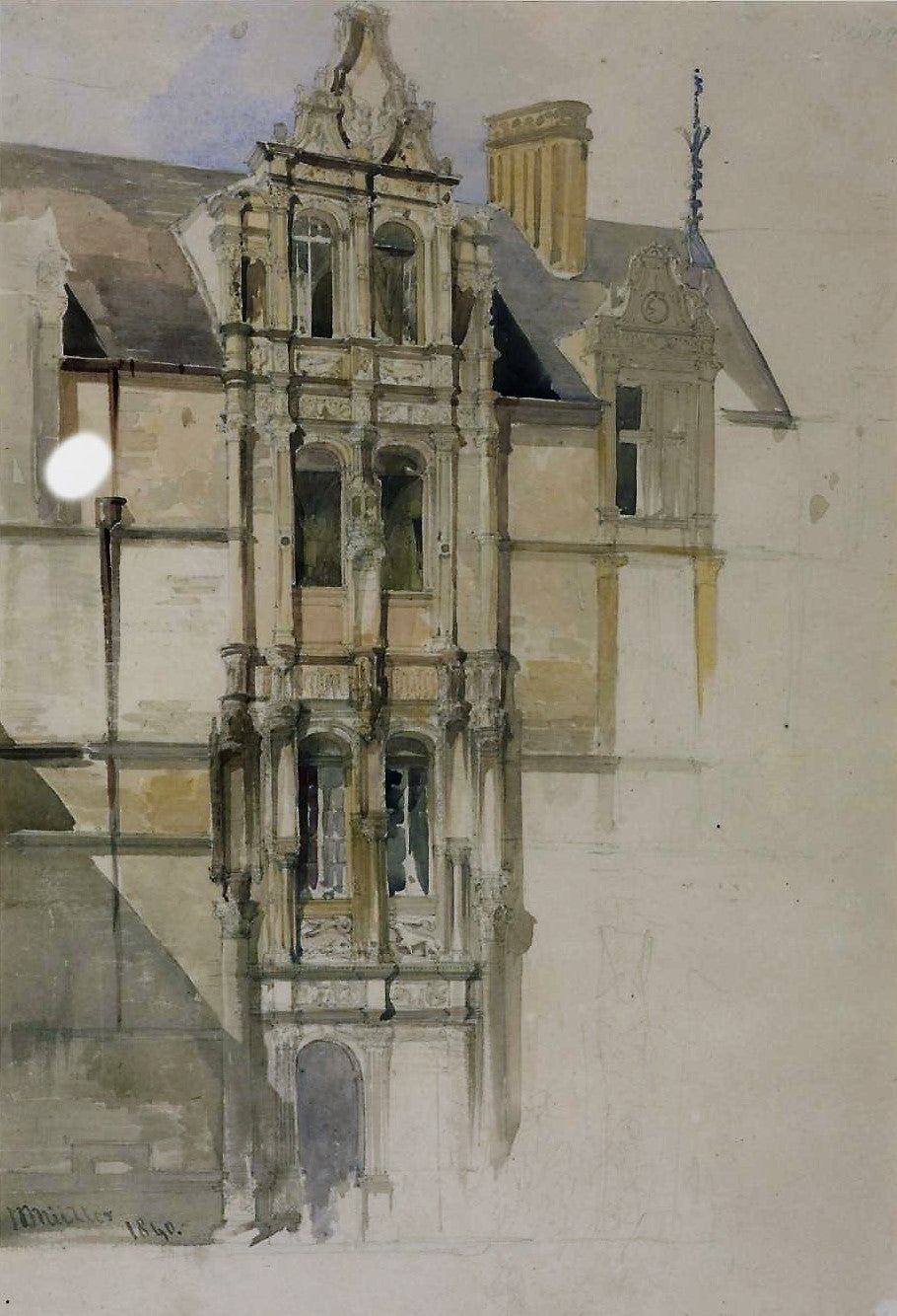 Azay-le-Rideau: Entrance to the Château, vintage artwork by William James Müller, A3 (16x12") Poster Print