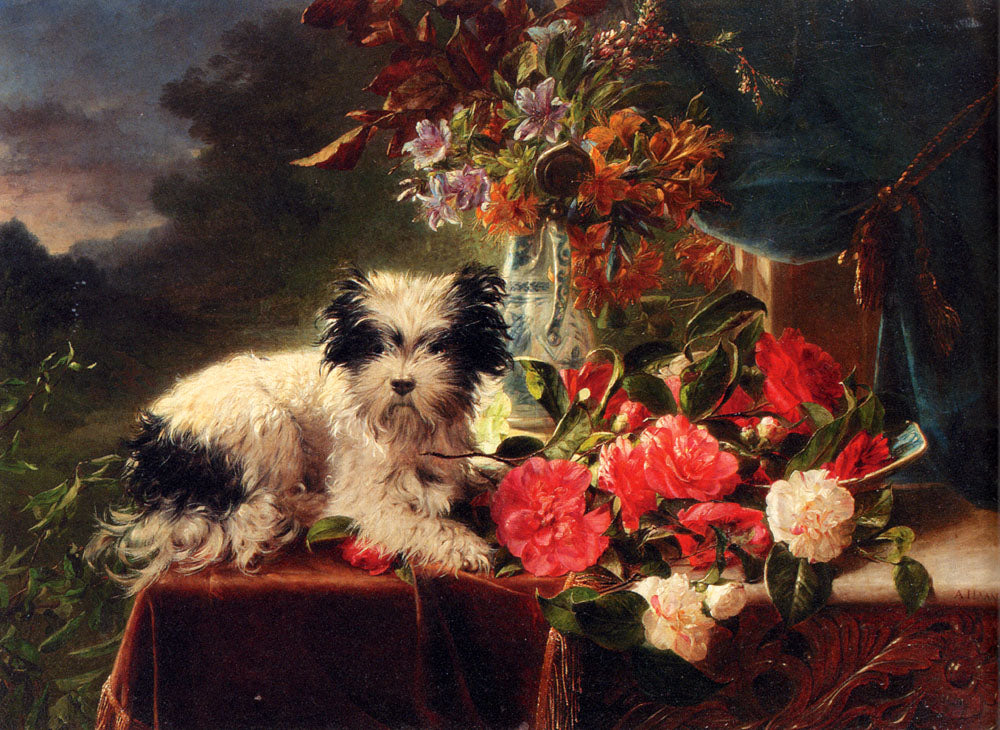 Camellias and a terrier on a console, vintage artwork by Adriana Johanna Haanen, A3 (16x12") Poster Print