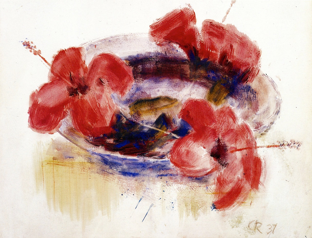 Hibiscus Blooms in a Glass Bowl, vintage artwork by Christian Rohlfs, 12x8" (A4) Poster