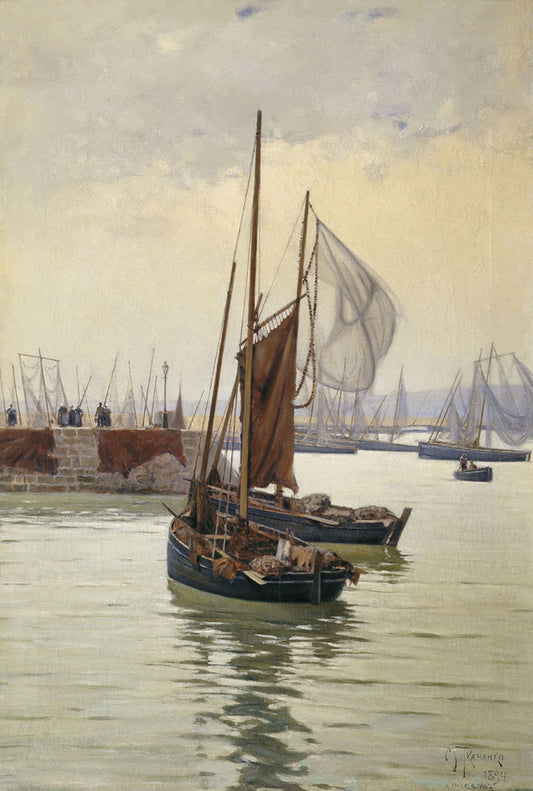 Fishing Boats in Brittany, vintage artwork by Mikhail Tkachenko, 12x8" (A4) Poster