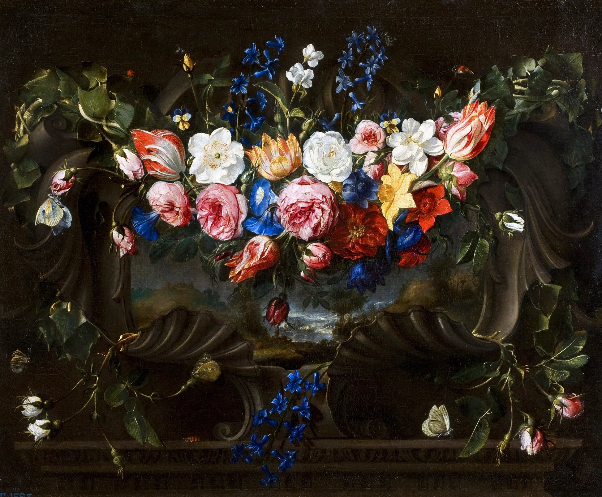 Garland of flowers in a cartouche with a landscape behind, vintage artwork by Juan de Arellano, 12x8" (A4) Poster