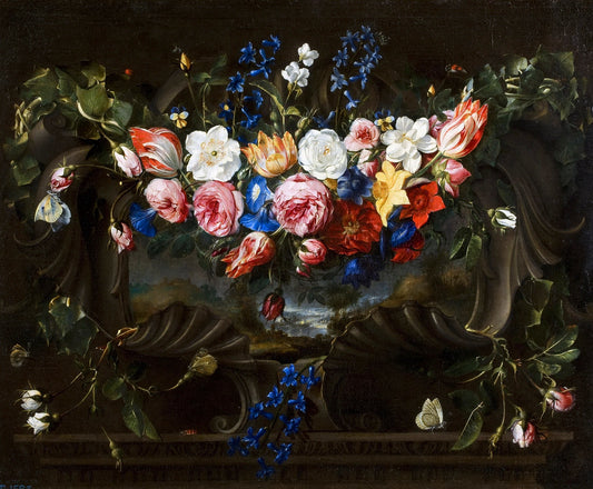 Garland of flowers in a cartouche with a landscape behind, vintage artwork by Juan de Arellano, 12x8" (A4) Poster