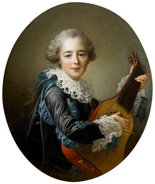 Madame Du Barry playing the guitar, vintage artwork by François-Hubert Drouais, 12x8" (A4) Poster