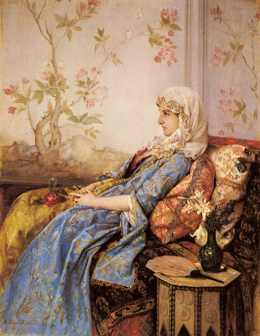 An Exotic Beauty in an Interior, vintage artwork by Auguste Toulmouche, 12x8" (A4) Poster