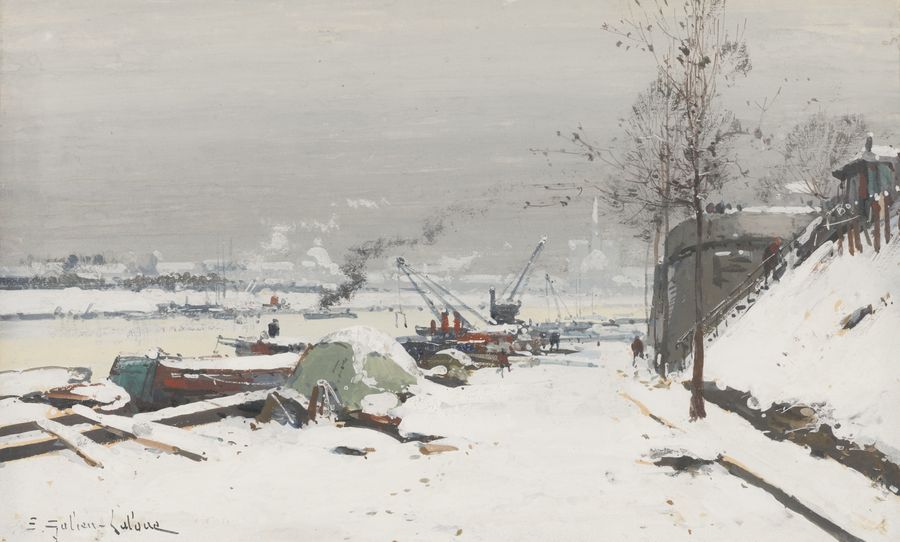Quai de Bercy sous la neige, vintage artwork by Eugene Galien-Laloue, 12x8" (A4) Poster
