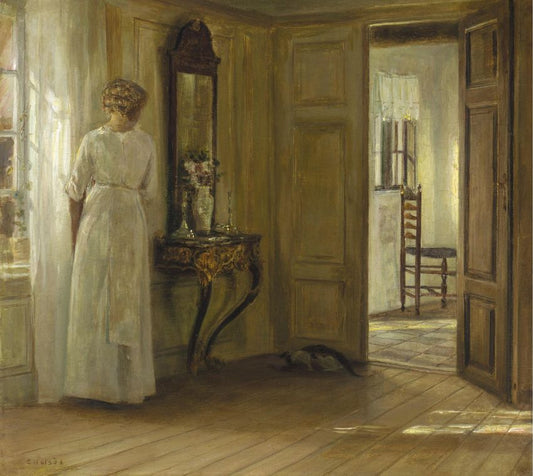 Interior with a Lady and a Cat, vintage artwork by Carl Vilhelm Holsøe, 12x8" (A4) Poster