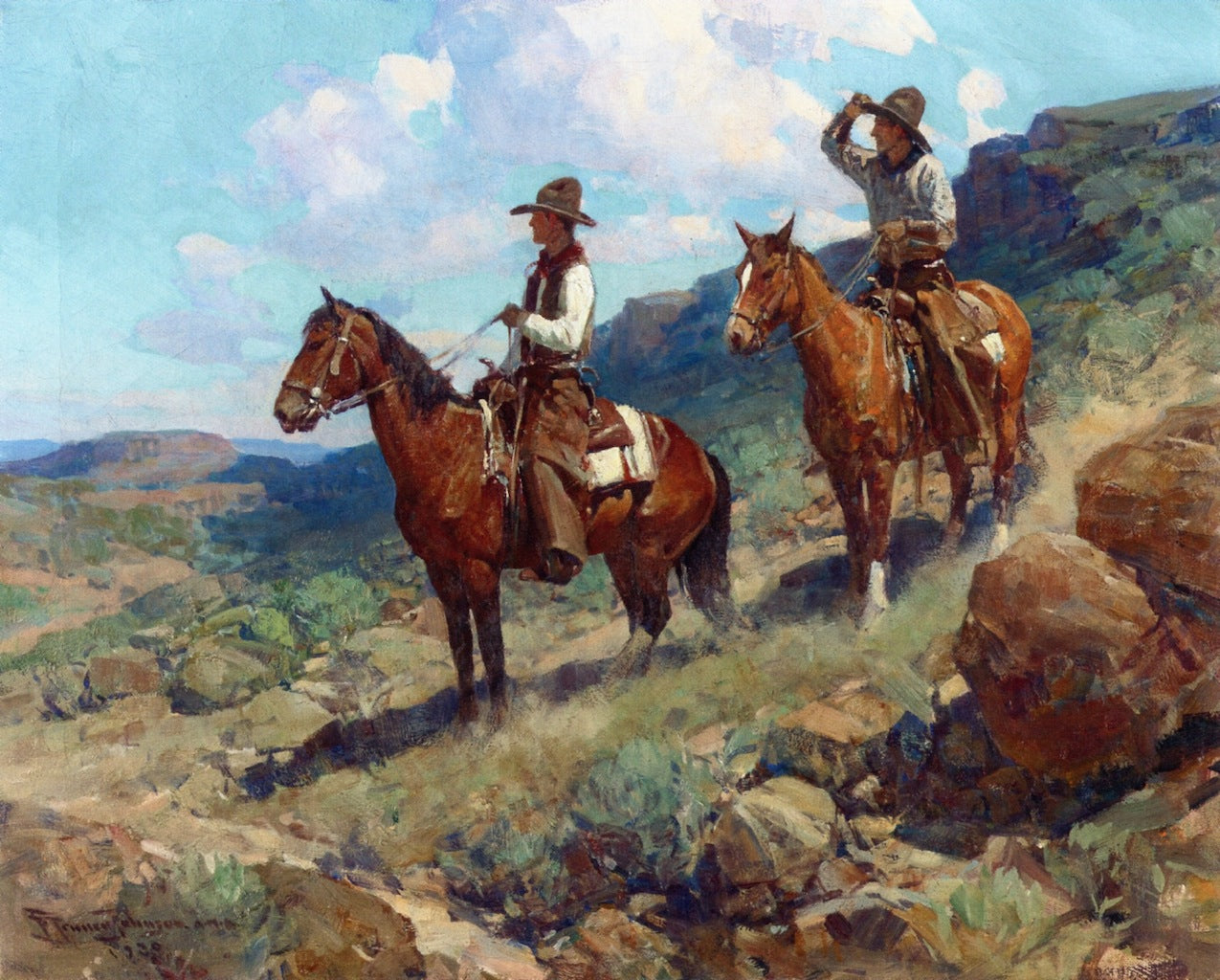 Texas Cowboys, vintage artwork by Frank Tenney Johnson, 12x8" (A4) Poster