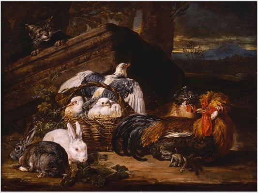 Pigeons, rabbits and fowl hunted down by  a wild cat, vintage artwork by David de Coninck, 12x8" (A4) Poster