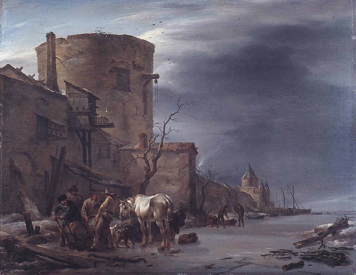 A Frozen Canal outside a City Wall of Haarlem in Winter, vintage artwork by Nicolaes Berchem, 12x8" (A4) Poster