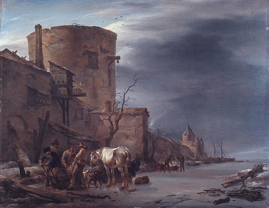 A Frozen Canal outside a City Wall of Haarlem in Winter, vintage artwork by Nicolaes Berchem, 12x8" (A4) Poster