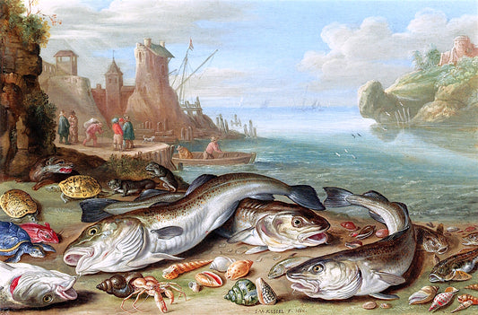 A Harbor Scene, with Fish, Crustaceans, Shells, Tortoises and Turtles on a Beach, Fishermen beyond, vintage artwork by Jan van Kessel the Elder, 12x8" (A4) Poster