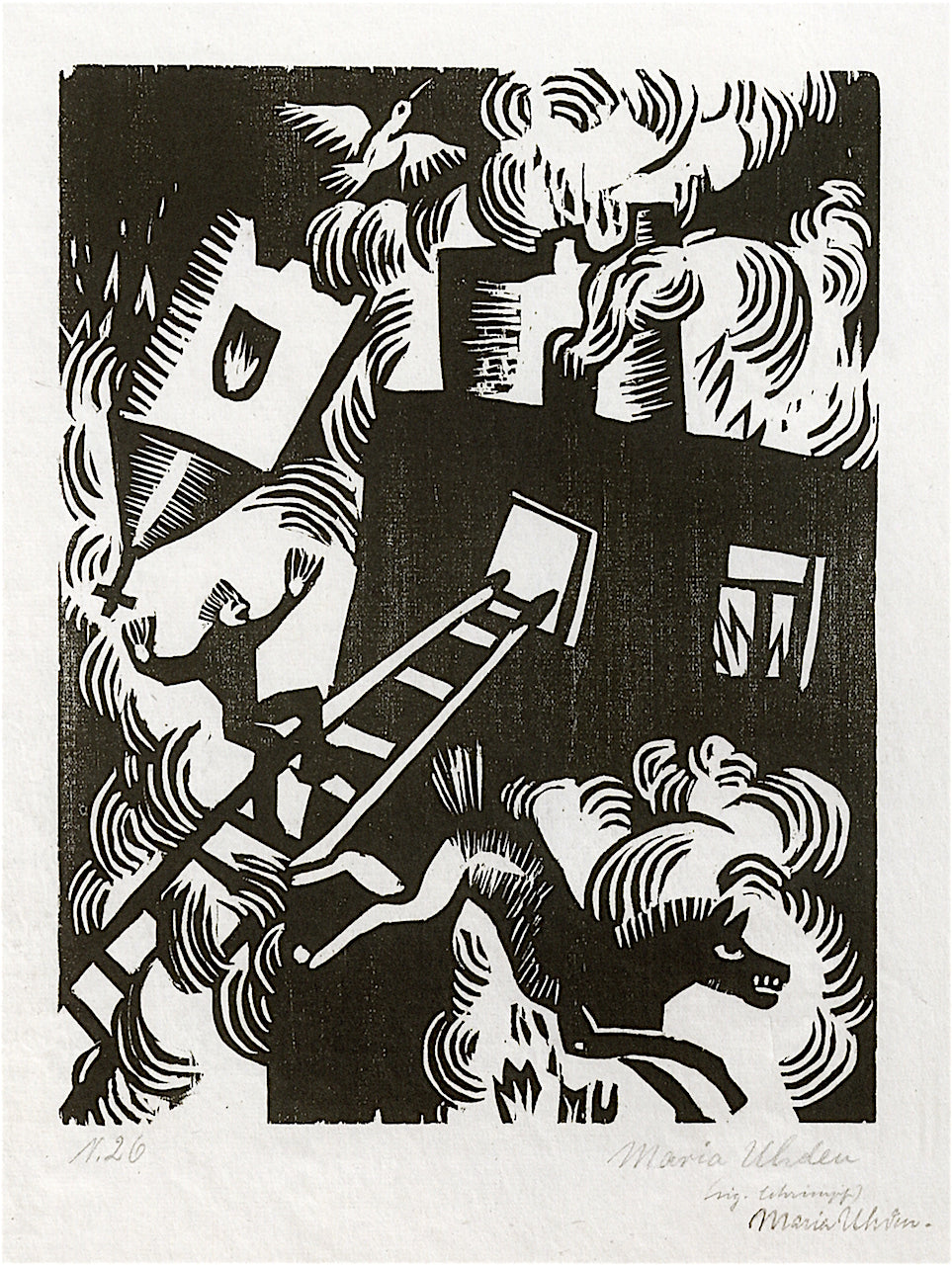 Burning House, vintage artwork by Maria Uhden, 12x8" (A4) Poster