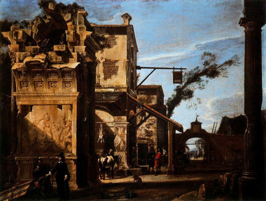 Architectural Fantasy with Lodge, vintage artwork by Viviano Codazzi, 12x8" (A4) Poster