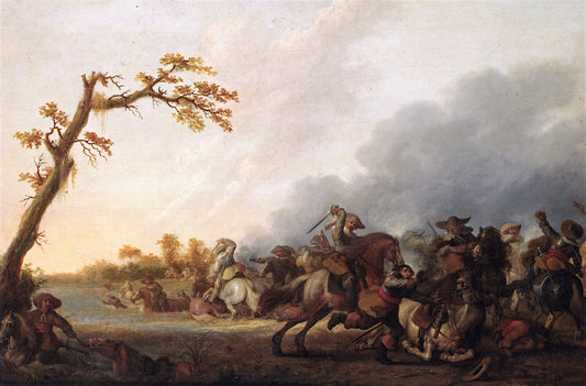 A Cavalry Skirmish with Horsemen Retreating into a River to the Left, vintage artwork by Palamedes Palamedesz I, 12x8" (A4) Poster
