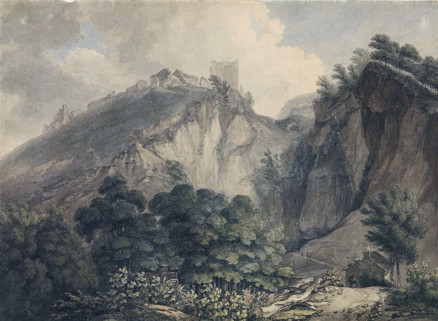 'Castleton, Derby shire', vintage artwork by Thomas Hearne, 12x8" (A4) Poster