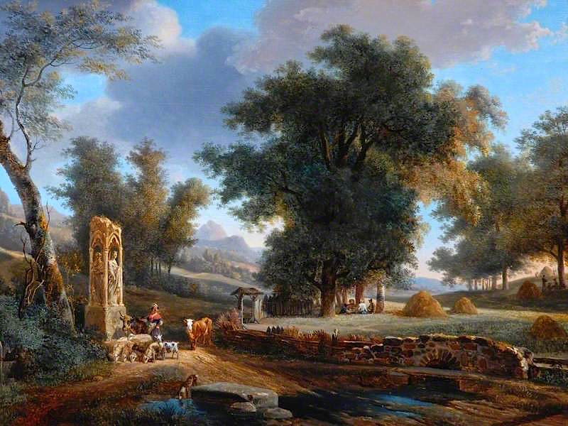Landscape with Figures and a Gothic Monument, vintage artwork by Jean-Louis Demarne, 12x8" (A4) Poster