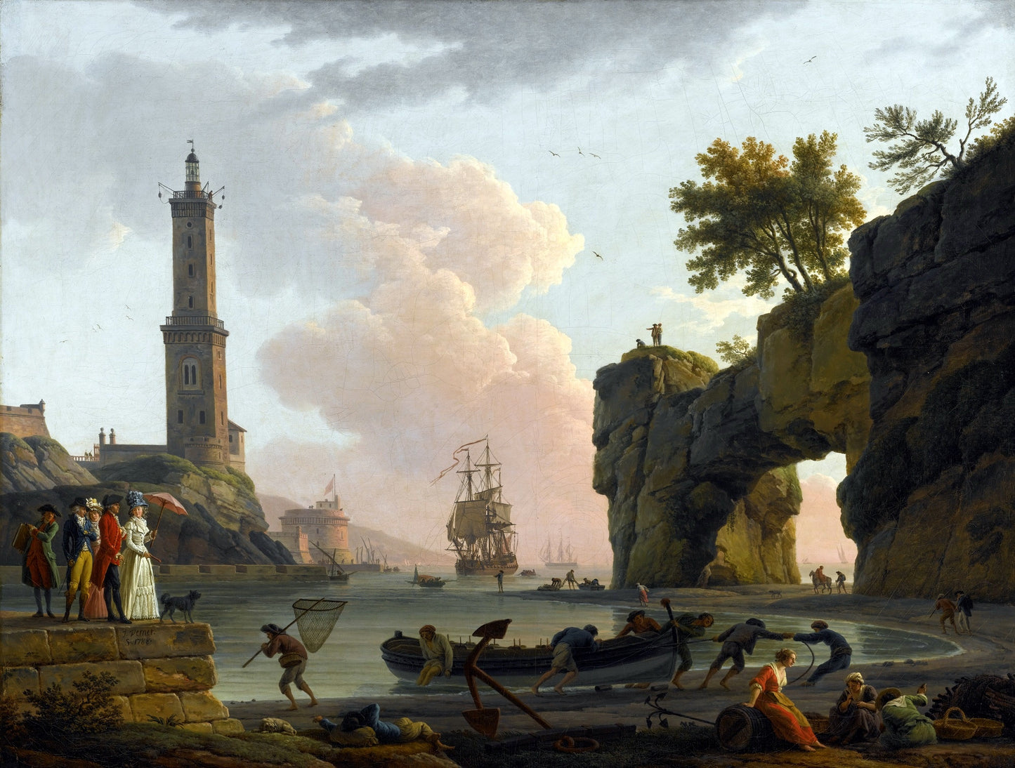 Mediterranean Harbor at Sunset with the Artist and Family, vintage artwork by Claude-Joseph Vernet, 12x8" (A4) Poster